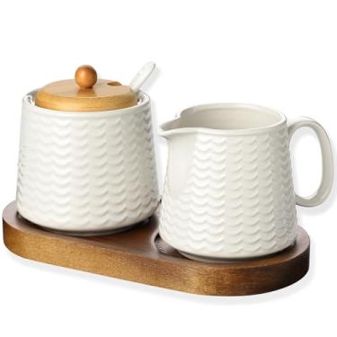 Imagem de Conjunto de açúcar e creme de cerâmica, conjunto de servir café de porcelana com jarra de creme, açucareiro, tampa e colher, recipiente de creme de 293 ml e pote de açúcar (CTNAIXSMU2)