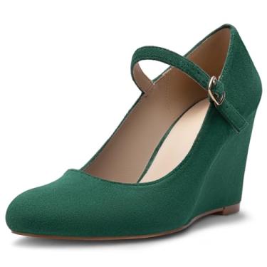 Imagem de DIFEMA Sapato feminino com tira no tornozelo para mulheres elegantes Mary Jane sapatos de bico fechado salto alto feminino, Verde, 41
