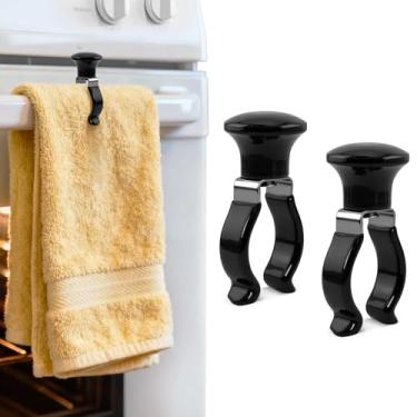 Imagem de FLstudio Suporte de toalha de cozinha – pacote com 2 clipes de toalha de metal para cozinha ou banheiro, suporte de toalha para alça de forno, máquina de lavar louça, suporte de banheiro preto