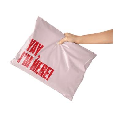 Imagem de Envelopes de poliéster 12x15 – Pacote com 100 – Envelopes de envio recicláveis impressos fofos para embalagens de pequenas empresas, sacos de correio autovedantes – Yay I'm Here design rosa/vermelho