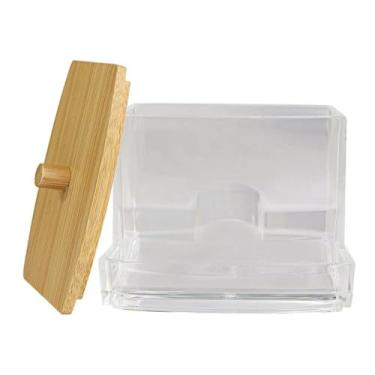 Imagem de Porta Cotonetes com Tampa de Bambu, Transparente, ABS e Bambu, 8,8x7,2x7cm, Organizador para Banheiro