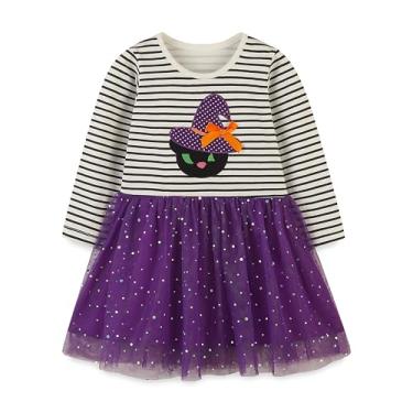 Imagem de HILEELANG Vestido de festa para meninas, Halloween, manga comprida, tutu, tutu, vestido de festa de princesa, 25a004#purplestripe, 6 Anos