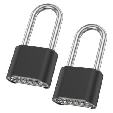 Imagem de Pacote com 2 cadeados resistentes com combinação de 4 dígitos, liga de zinco e aço inoxidável 304, cadeado externo à prova de intempéries com código redefinível para armários de academia, portão