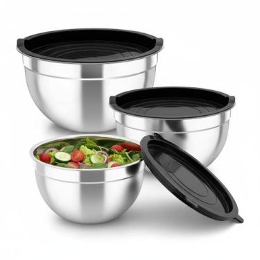 Imagem de Kit 3 Bowls de Aço Inox com Tampas  Tigelas Empilháveis para Cozinha, 