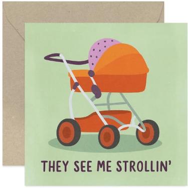 Imagem de They See Me Strollin Cartão de bebê engraçado, menino ou menina - quadrado, em branco por dentro com envelope premium