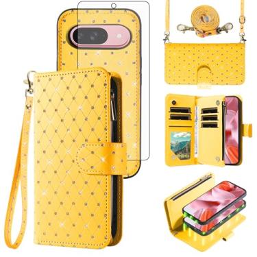 Imagem de Compatível com Google Pixel 9/9 Pro 5G Capa carteira com zíper celular protetor de tela de vidro temperado alça transversal com glitter flip porta-cartões capa para celular para Pixel9 9Pro Nove