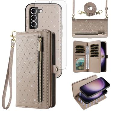 Imagem de Capa de celular para Samsung Galaxy S23 Plus S23+ 5G Carteira com zíper destacável protetor de tela alça transversal Bling Flip suporte para cartão de crédito S23plus 23S + S 23 23+ SM-S916U feminino