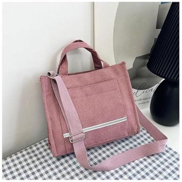 Imagem de Bolsa feminina com bolsos, bolsa transversal grande de veludo cotelê para trabalho, faculdade, uso diário, viagem, compras, bolsa de ombro ajustável, rosa