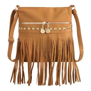 Imagem de Bolsa tiracolo feminina de couro PU com borlas grandes rebites, Marrom