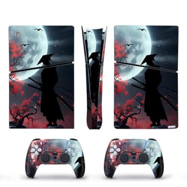 Imagem de PS5 Samurai Spirit Skin, adesivo minimalista estilo japonês para controle de console, arte tradicional PS5 lua noite impressão impermeável resistente a arranhões