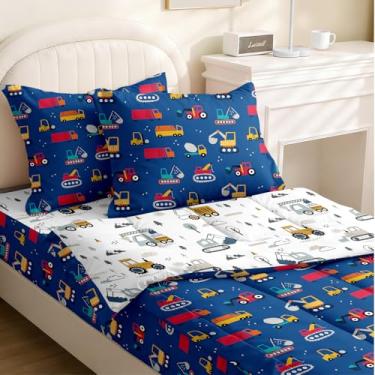 Imagem de Yadangxiawa Jogo de edredom infantil, solteiro com zíper, estampa de construção, caminhão, lençol com elástico e fronhas para todas as estações (solteiro)