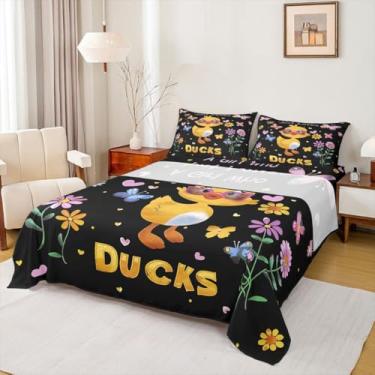 Imagem de Erosebridal Jogo de cama kawaii King de pato, para meninas e crianças, para amantes de patos, lençol com elástico, lençol com elástico, lençol com elástico, 4 peças para decoração de quarto