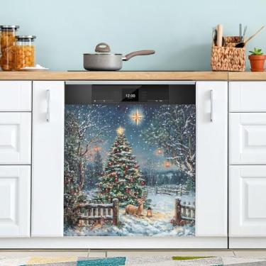Imagem de xigua Capa magnética para máquina de lavar louça de veado de árvore de Natal, adesivos magnéticos decorativos antiarranhões para painel de geladeira e lava-louças, decoração personalizada de cozinha