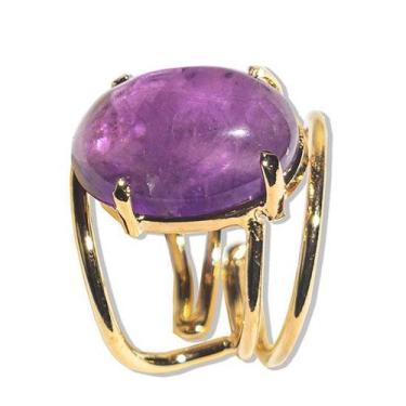 Imagem de Anel Nlux Cabochão Oval Pequeno Ametista Natural Dourado - Pacote com 