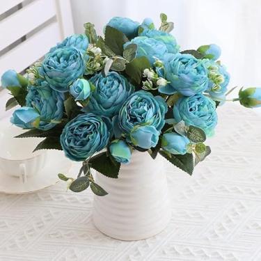 Imagem de Peônias flores artificiais, pequenas flores de seda para decoração de casa, buquê falso, arranjos florais falsos, mesa de jantar para cozinha, decoração de festa de casamento (azul, 30 x 15 cm)