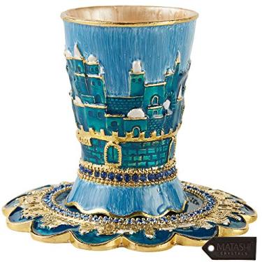 Imagem de Matashi Conjunto de copos infantis esmaltados pintados à mão com bandeja com cristais e design de paisagem urbana de Jerusalém para casamentos, Shabat, Havdalah, Páscoa, cálice, judaica, presente,
