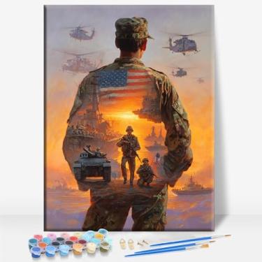 Imagem de TRIBUTO MILITAR PATRIÓTICO SOLDADO E BANDEIRA MILITAR ENFORCEMENT Tela emoldurada DIY Kit de pintura por números, bar, café, caverna, casa, quarto, parede, banheiro, varanda, pátio, decoração
