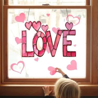 Imagem de Vitral de Dia dos Namorados 20,32 cm Love Stained Glass Pendurado Reutilizável Feriado Coração Vitral para Dia dos Namorados Portas de Festa de Aniversário Janela Casa Apanhadores de Sol Decoração 1