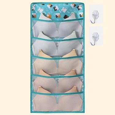 Imagem de Bolsa suspensa para armazenamento de sutiã, dispositivo de armazenamento de roupas íntimas com bolso de malha, suporte de armário montado na parede economiza espaço (azul celeste + 2 ganchos)