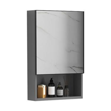 Imagem de Armário de remédios inteligente montado na parede com espelho, armazenamento de porta única, design retangular, cinza, 50 cm - Organizador de banheiro elegante com prateleiras para utilização