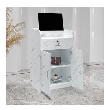 Imagem de Mesa de recepção moderna com gavetas trancáveis, mesa de balcão frontal com grande armário de armazenamento, mesa de computador de escritório, balcão de recepção para supermercado loja de conveniência