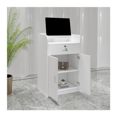 Imagem de Mesa de recepção moderna com gavetas trancáveis, mesa de balcão frontal com grande armário de armazenamento, mesa de computador de escritório, balcão de recepção para supermercado loja de conveniência