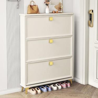 Imagem de Armário de sapatos estreito, armário de sapatos oculto de madeira com 3 portas de aba, prateleiras verticais de armário de sapatos de fundo aberto, ajustáveis e removíveis para entradas, varandas, 60