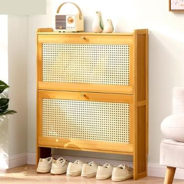 Imagem de Organizador de armário de sapatos fino de bambu para entrada, suporte oculto dobrável para sapatos, armário de armazenamento estreito de 2/3 níveis para hall de entrada, corredor, quarto – Solução de