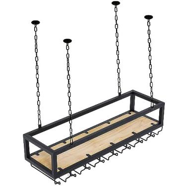 Imagem de Rack de vinho suspenso com suporte de vidro e prateleira, suporte de vinho de montagem no teto, suporte de garrafa de vinho pendurado industrial ajustável, para bar café cozinha (cor: preto, tamanho