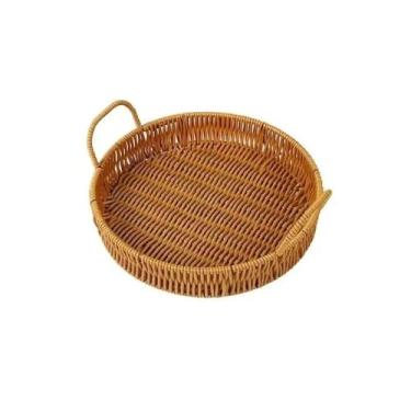 Imagem de CFGH6FDF Suporte de frutas, bandeja de armazenamento tecida à mão, formato redondo, frutas, vegetais, vime, vime, cesta com alça para tigela de frutas (pequena)