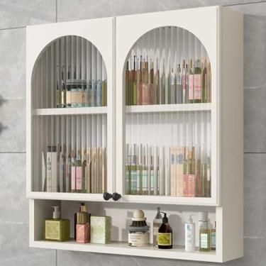 Imagem de Organizador de maquiagem montado na parede e armário de cozinha, armazenamento de medicamentos de banheiro de 3 camadas com portas duplas, prateleiras abertas, rack de cosméticos sem perfuração, 80 cm