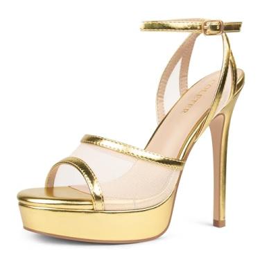 Imagem de COLETER Sandália feminina de salto alto de malha plataforma de 13 cm, bico aberto, tira no tornozelo, vestido de festa, vestido de casamento, Dourado, 36