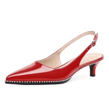 Imagem de AUMOTED Sapato social feminino com salto gatinho bico fino, salto baixo e tira no tornozelo com contas, 4,6 cm, Vermelho, 36