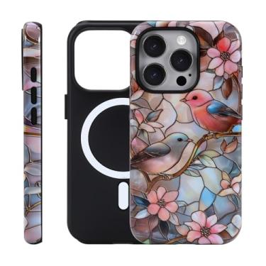 Imagem de Fourmor Capa para iPhone 15 Pro - Carregamento sem fio para MagSafe, capa externa rígida de policarbonato + capa protetora interna de TPU macio com 2 camadas, estampa floral e pássaro, adequada para