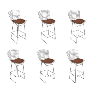 Imagem de Kit 6 Banquetas Bistrô Bertoia Cromada D70 Com Assento Sintético Marrom