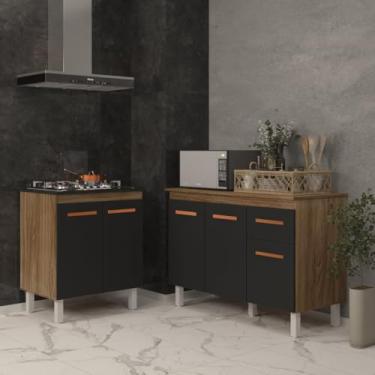 Imagem de Mobília Decor, Balcão Para Cooktop 5 Bocas Fran e Armário Aline 118 cm Cozinha Gabinete Savana Preto com Tampo Tampão Savana