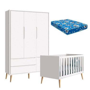 Imagem de Berço Americano e Guarda Roupa 3 Portas Infantil Theo Branco Acetinado com Pés Madeira Natural e Colchão – Reller