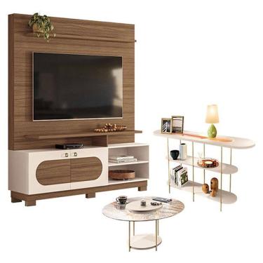 Imagem de Estante Home Theater Axis com Mesa de Centro Sky com tampo de vidro e Aparador Infinity Castanho Off White - Hb Móveis