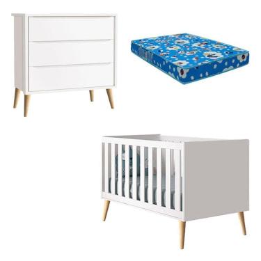 Imagem de Berço Americano e Cômoda Gaveteiro Infantil Theo Branco Acetinado com Pés Madeira Natural e Colchão– Reller