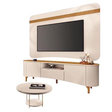 Imagem de Rack Bancada Elara e Painel Armony Off White Cinamomo com Mesa de Centro Sky Off White - HB Móveis