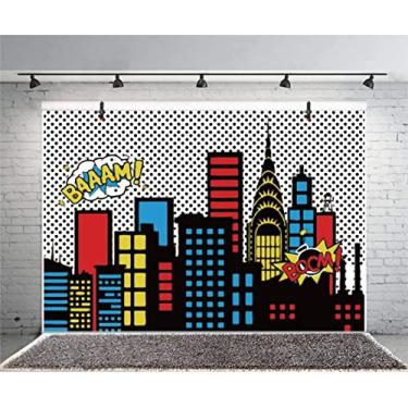 Imagem de Yeele 3,7 x 2,4 m desenho animado super herói cidade cenário de vinil humor abstrato super-herói chá de bebê foto fundo para festa de aniversário de meninas, sessão de vídeo, estúdio de papel de