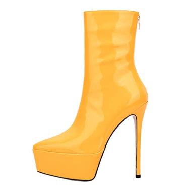 Imagem de AOOAR Bota feminina de salto alto com plataforma stiletto cano médio 15,24 cm, Patente amarelo, 7.5