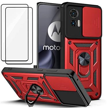 Imagem de Capa para Motorola Moto Edge 30 Neo Capinha | com 2 protetores de tela temperados, janela deslizante de proteção da câmera integrada e suporte para telefone - Vermelho