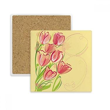 Imagem de Porta-copos com ilustração de tulipa pintada à mão, porta-copos quadrados, suporte de subplaca, pedra isolante