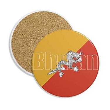 Imagem de Porta-copos de cerâmica com nome da bandeira do Butão e pedra absorvente para bebidas, presente de 2 peças