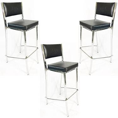 Imagem de Kit 3 Banquetas Empilhável Cromada Cozinha Alta Assento E Encosto Estofado Cor Preto - Poltronas do Sul