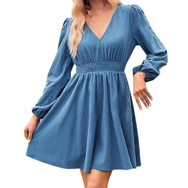 Imagem de UIFLQXX Vestido de coquetel feminino cor sólida grande vestido rodado para mulheres manga longa decote em V cintura alta vestido evasê, Azul, GG