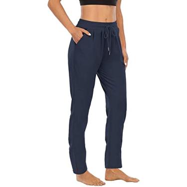 Imagem de BFAFEN Calça atlética feminina, macia, casual, com cordão, amarrada na cintura elástica, calça de ioga com bolsos, Calça cargo feminina azul-marinho, M