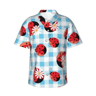 Imagem de Xiso Ver Camisa havaiana masculina manga curta casual camisa de praia casual de botão para festa de verão na praia, Flores e joaninhas, GG