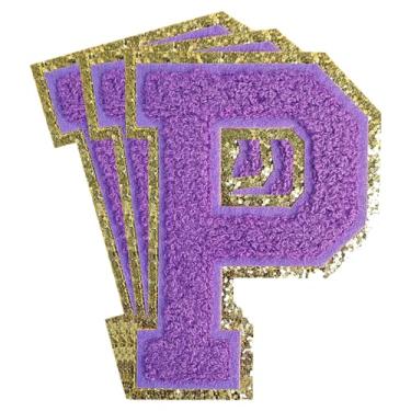 Imagem de 3 peças de remendos de letras de chenille roxo glitter ferro em remendos de letras universitários remendo bordado de chenille costurar em remendos para roupas chapéu bolsas jaquetas camisa (roxo, P)